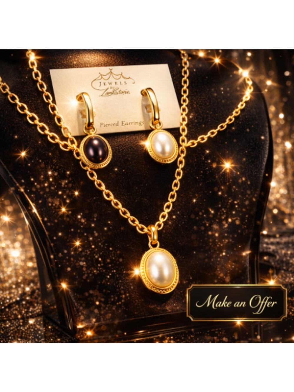 Vintage Turnabout Jewelry Set 29" Necklace & Pierced Earrings Faux Pearl NEW